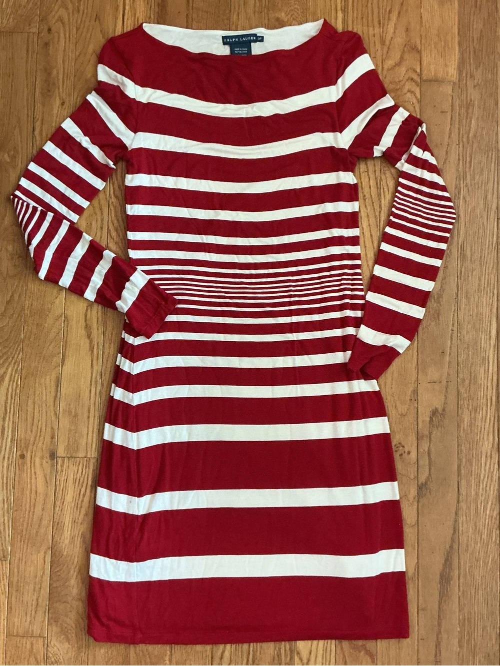 Ralph‎ Lauren Red and White Striped Boatneck Long Sleeve Dress
